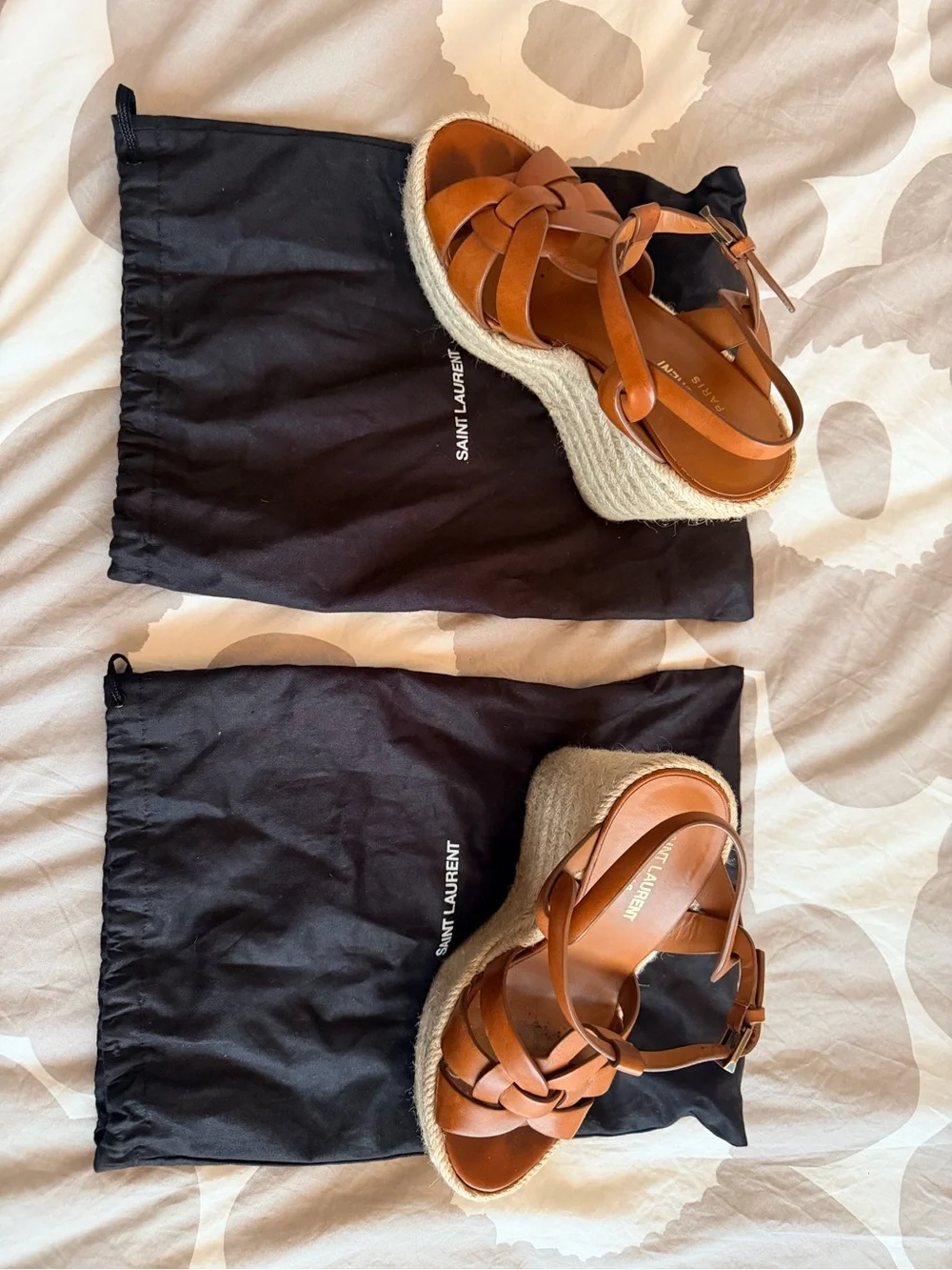 Saint Laurent Brown Leather Espadrille Wedge Sandals